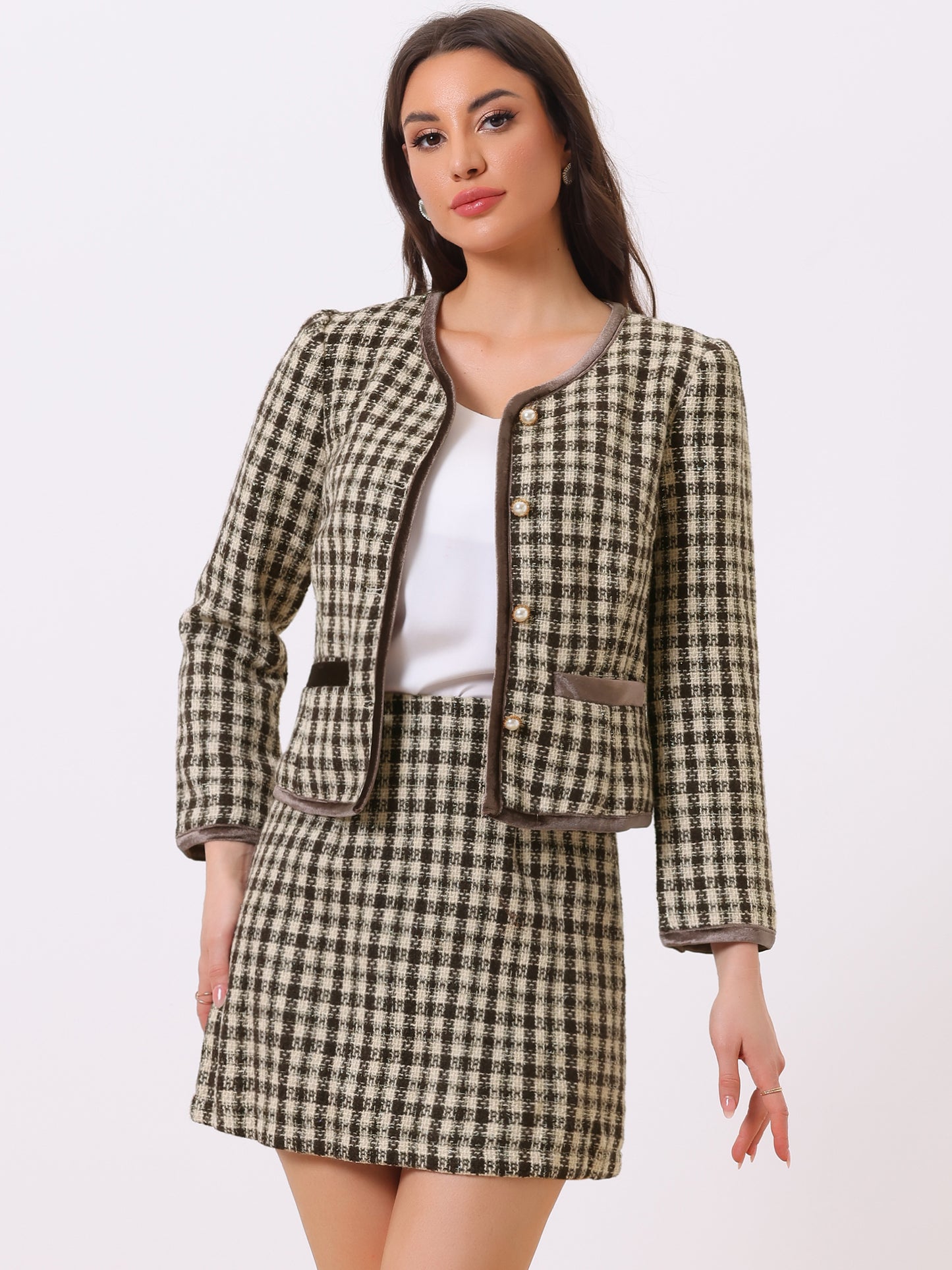 Women's 2 Piece Plaid Tweed Short Blazer Jacket and Skirt Business Suit Set