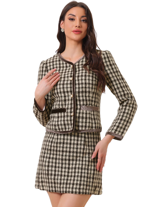 Women's 2 Piece Plaid Tweed Short Blazer Jacket and Skirt Business Suit Set