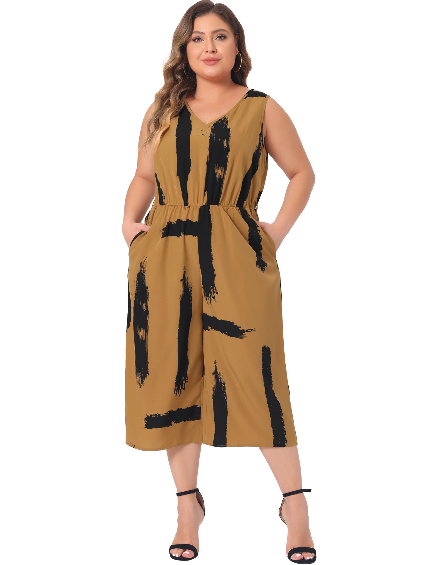 Women Plus Size Jumpsuit Wrap V Neck Sleeveless Tie Waist Jumpsuit Rompers with Pockets