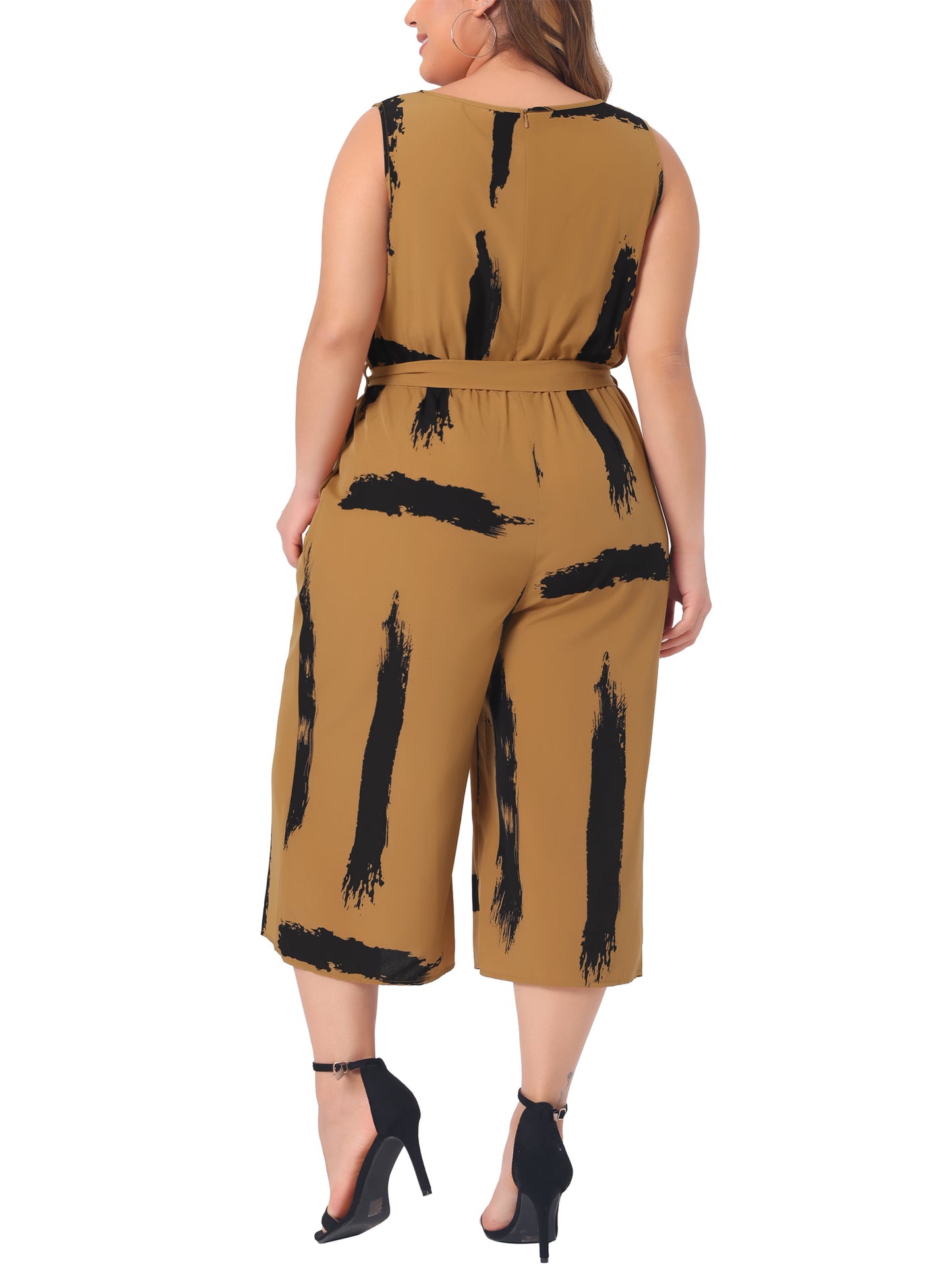 Women Plus Size Jumpsuit Wrap V Neck Sleeveless Tie Waist Jumpsuit Rompers with Pockets