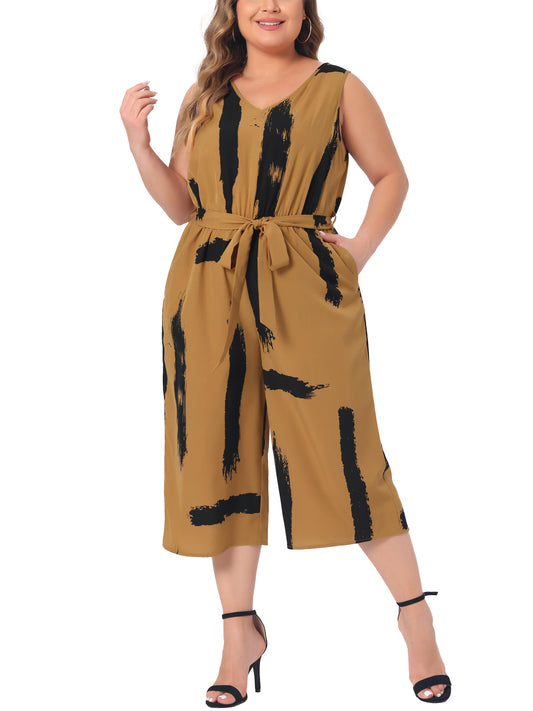 Women Plus Size Jumpsuit Wrap V Neck Sleeveless Tie Waist Jumpsuit Rompers with Pockets