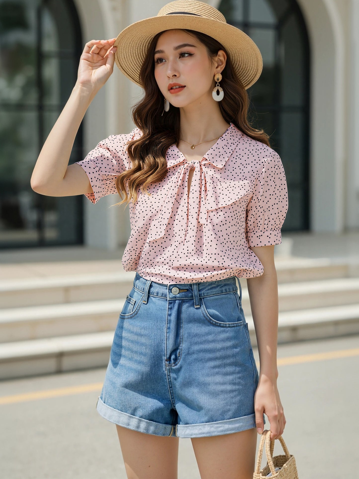 Women's Retro Printed Bow Tie Peter Pan Collar Chiffon Blouse Shirt