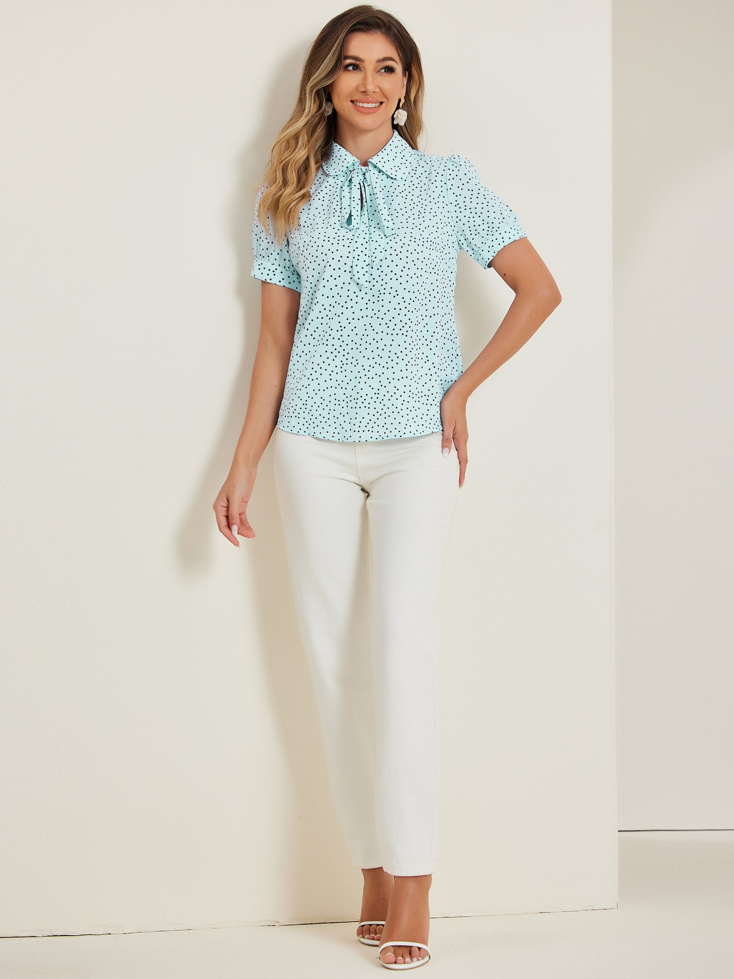 Blusa de gasa con cuello Peter Pan y pajarita estampada retro para mujer