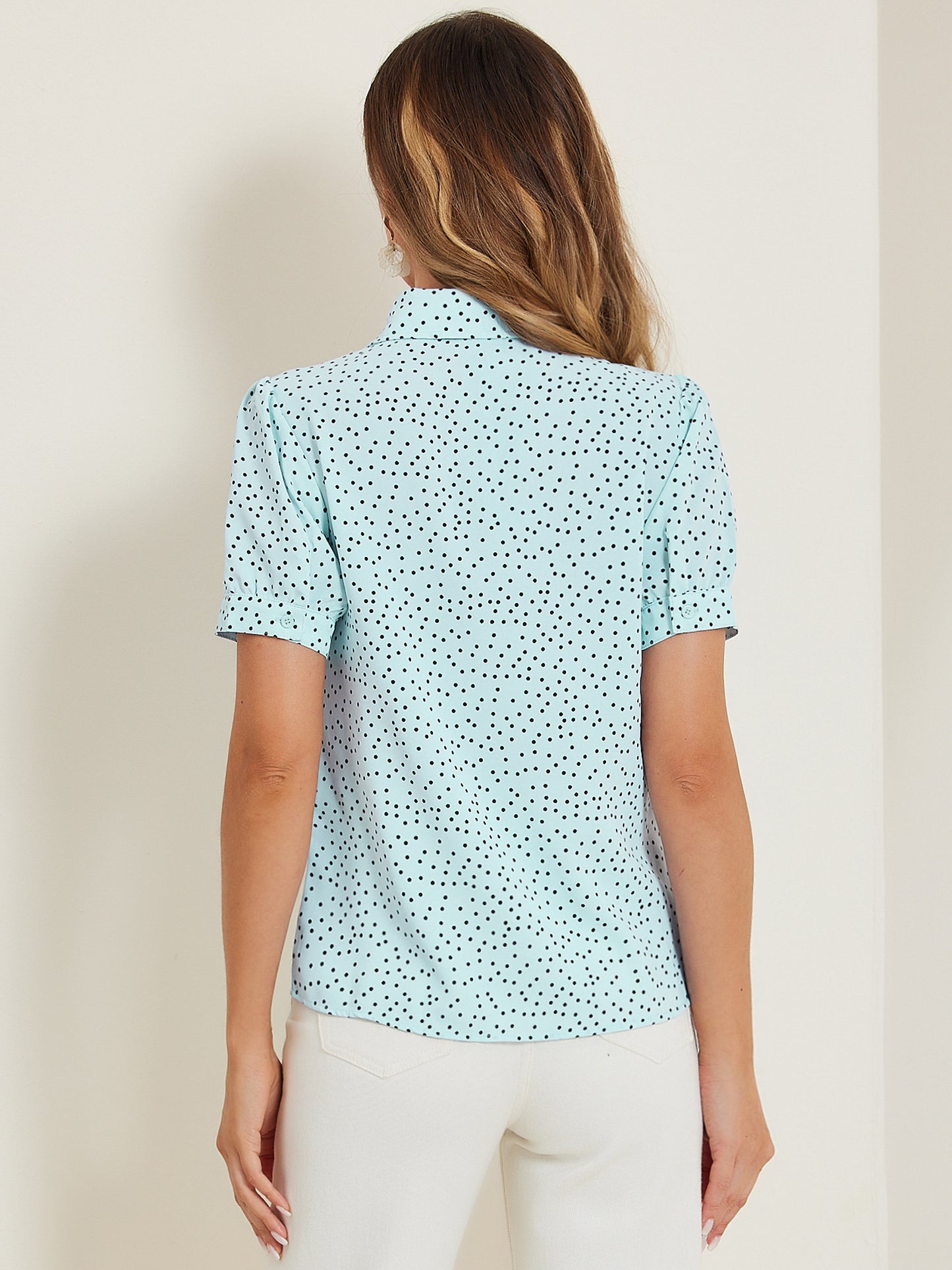 Blusa de gasa con cuello Peter Pan y pajarita estampada retro para mujer