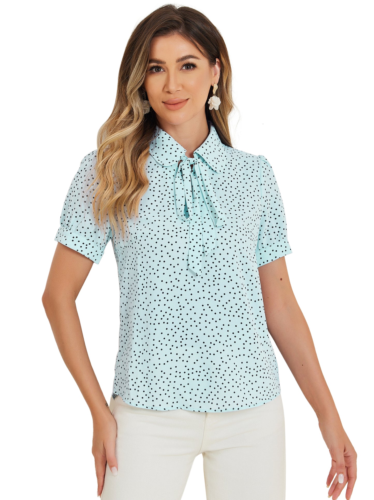 Blusa de gasa con cuello Peter Pan y pajarita estampada retro para mujer