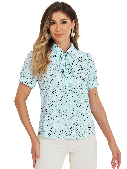 Blusa de gasa con cuello Peter Pan y pajarita estampada retro para mujer
