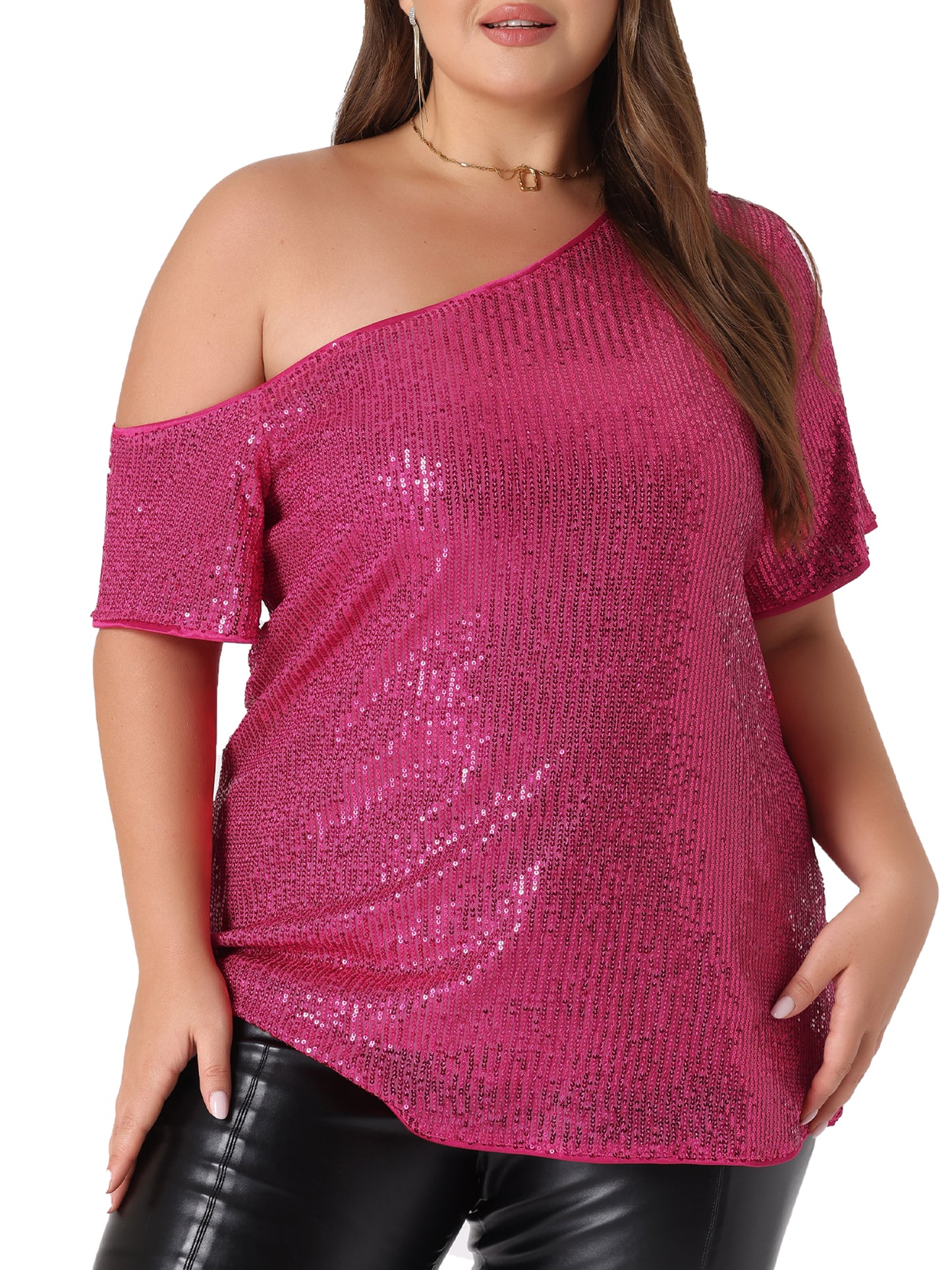 Women Plus Size Top One Shoulder Short Sleeve Metallic Blouses Party Sequin Top