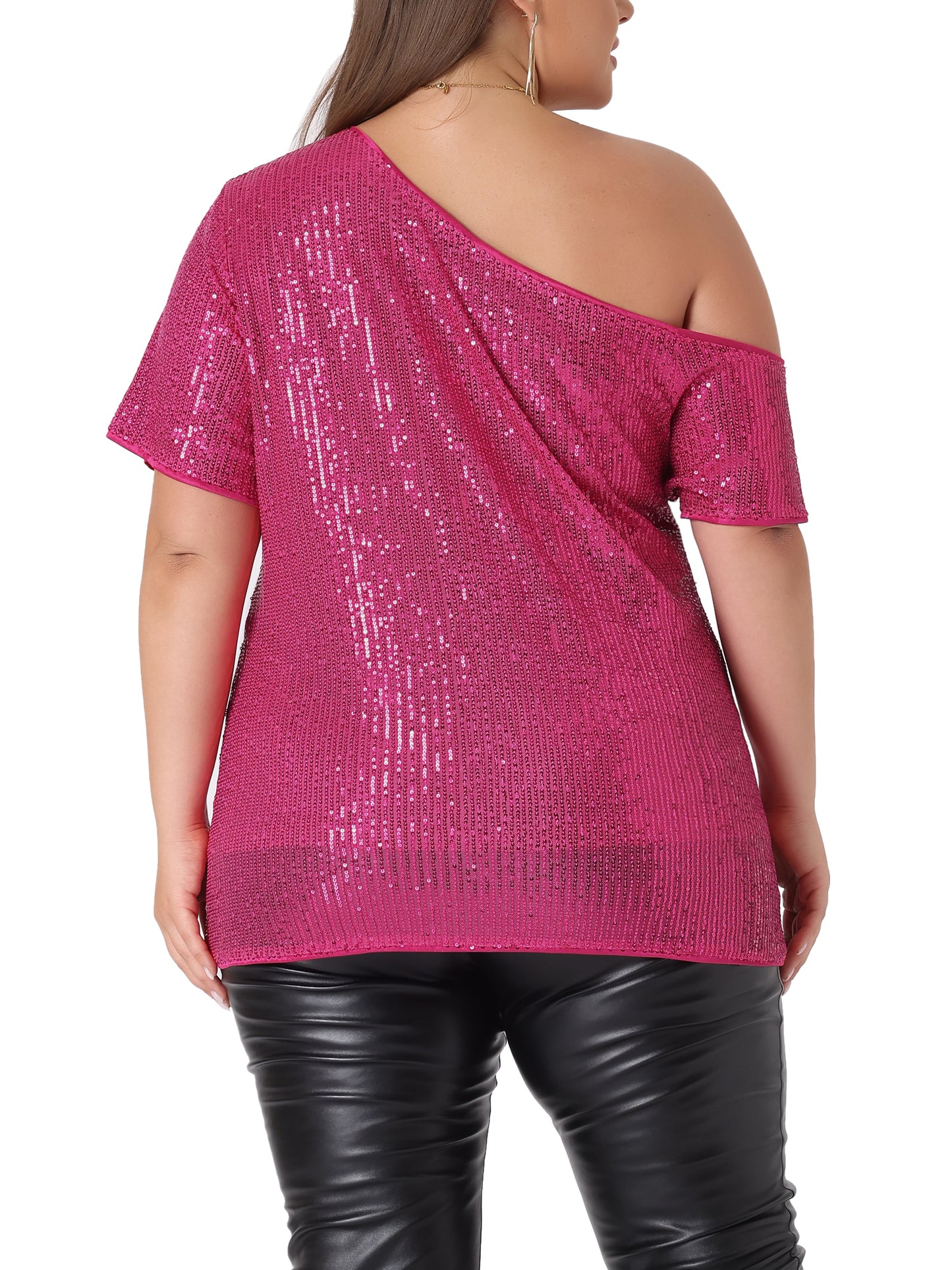 Women Plus Size Top One Shoulder Short Sleeve Metallic Blouses Party Sequin Top