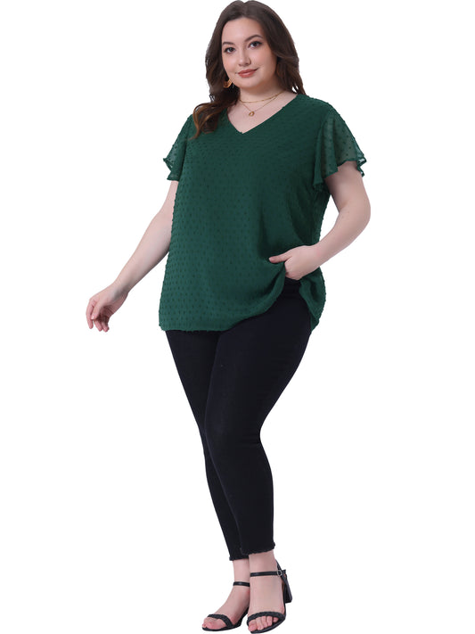 Women Plus Size Swiss Dots Blouses V Neck Summer Short Sleeve Casual Top