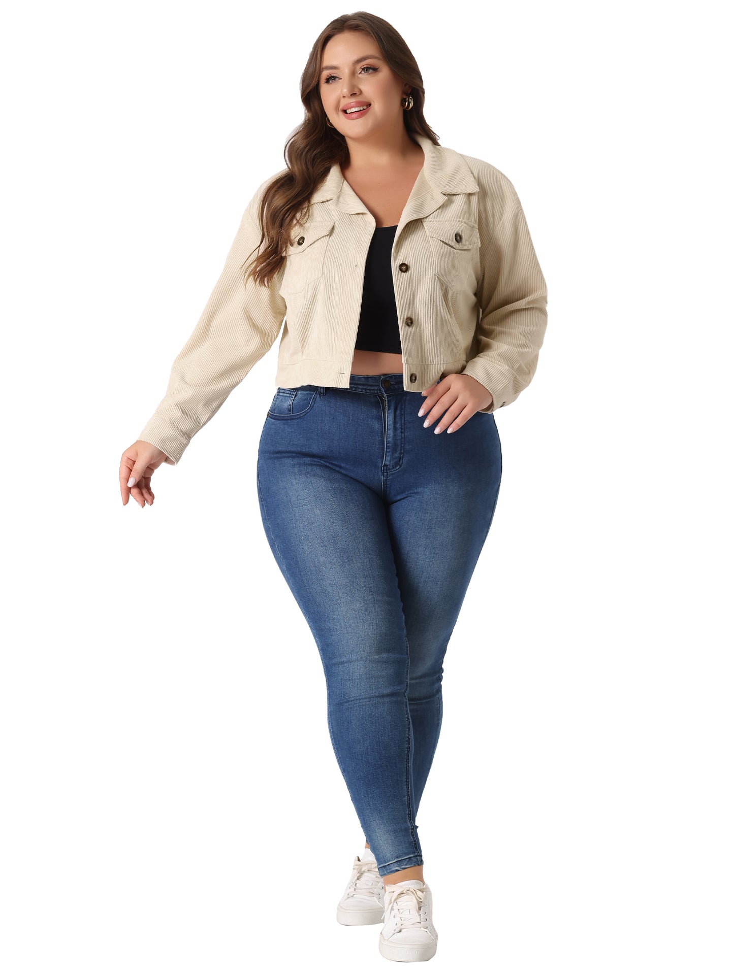 Women Plus Size Corduroy Cropped Jacket Button Down Long Sleeve Shirts Shacket Jacket