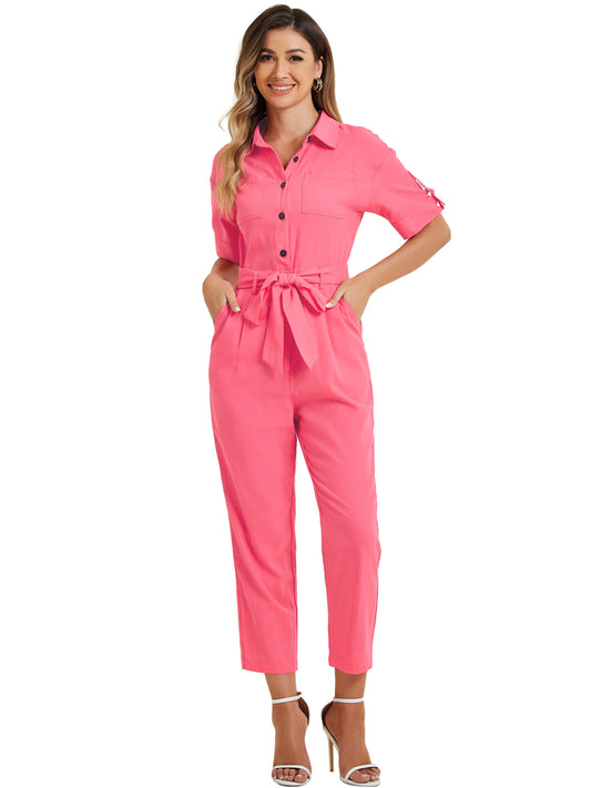 Women's Short Sleeve Collared Cropped Coverall  Button Down Tie Waist Cotton Cargo Jumpsuit