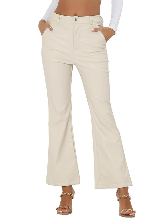 Women's Faux Leather Casual Pants High Waist Bell Bottom Flared Long PU Trousers