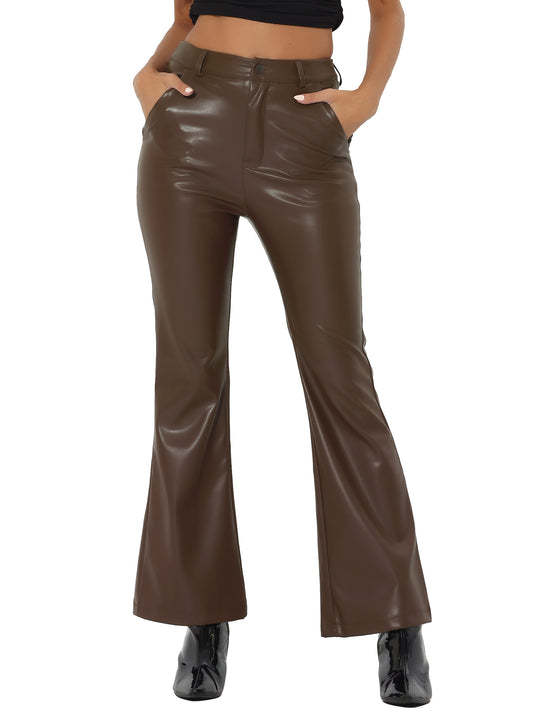Women's Faux Leather Casual Pants High Waist Bell Bottom Flared Long PU Trousers
