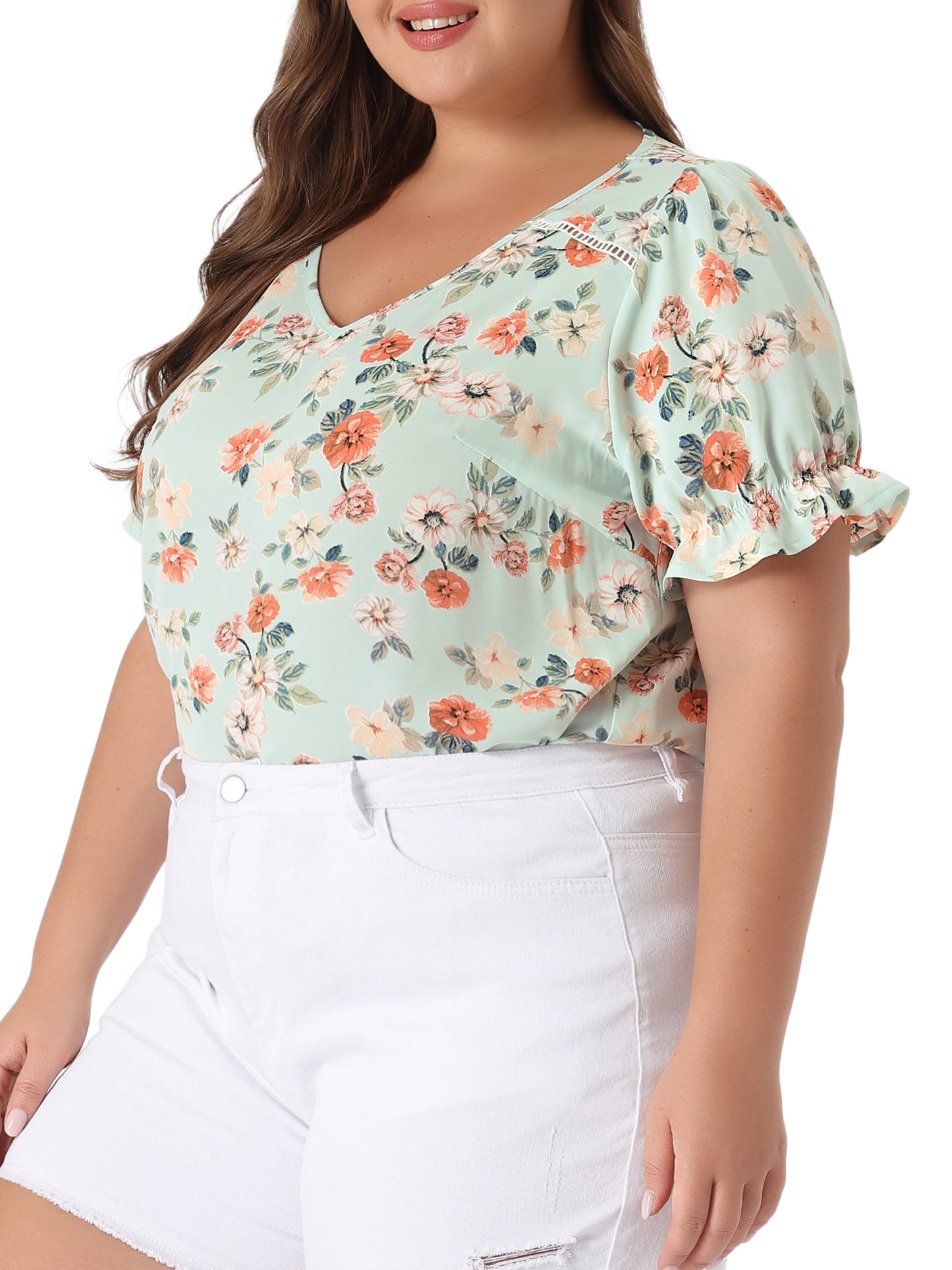 Blusa floral de manga corta con volantes y cuello en V para mujer, talla grande