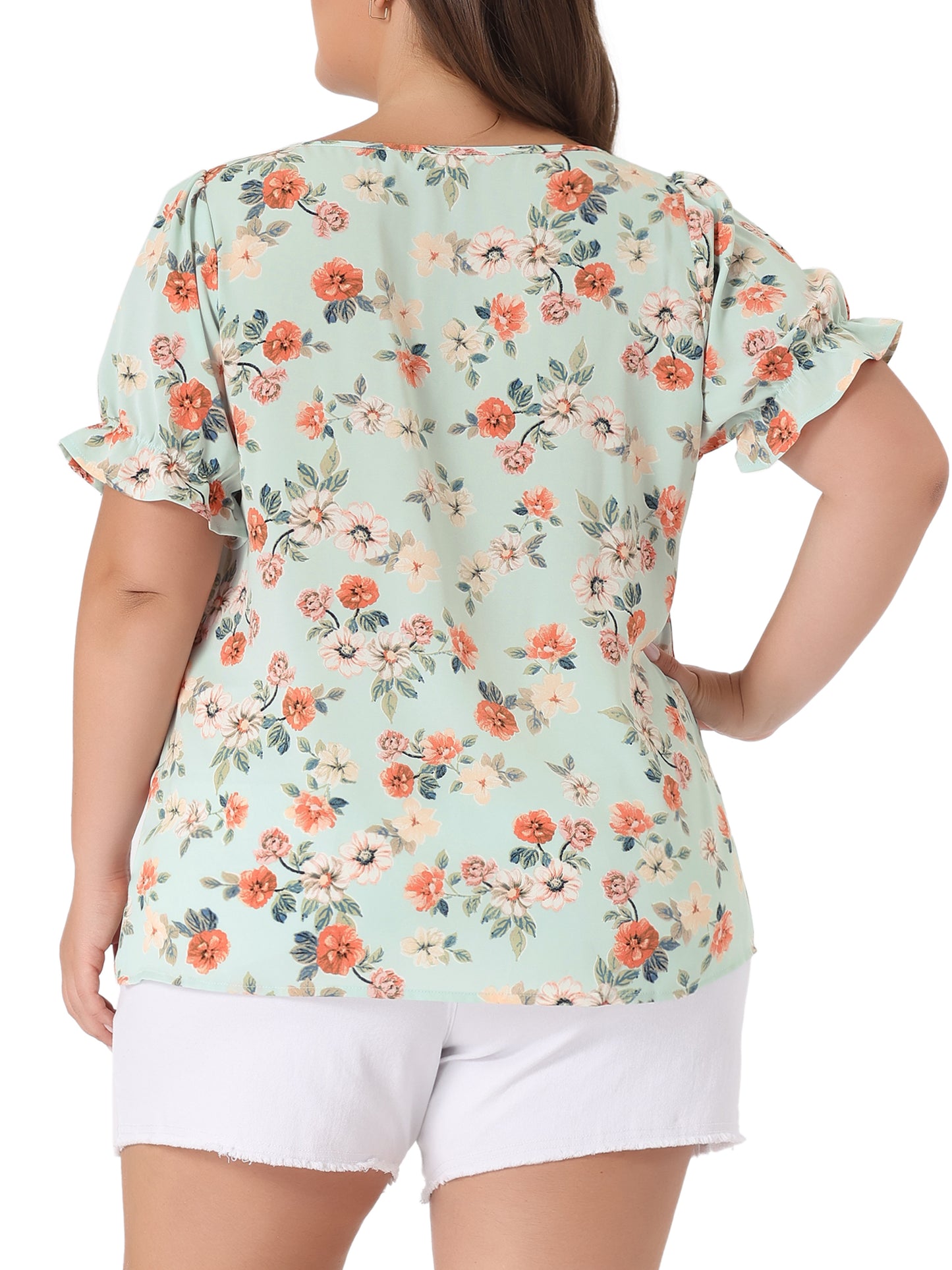 Blusa floral de manga corta con volantes y cuello en V para mujer, talla grande