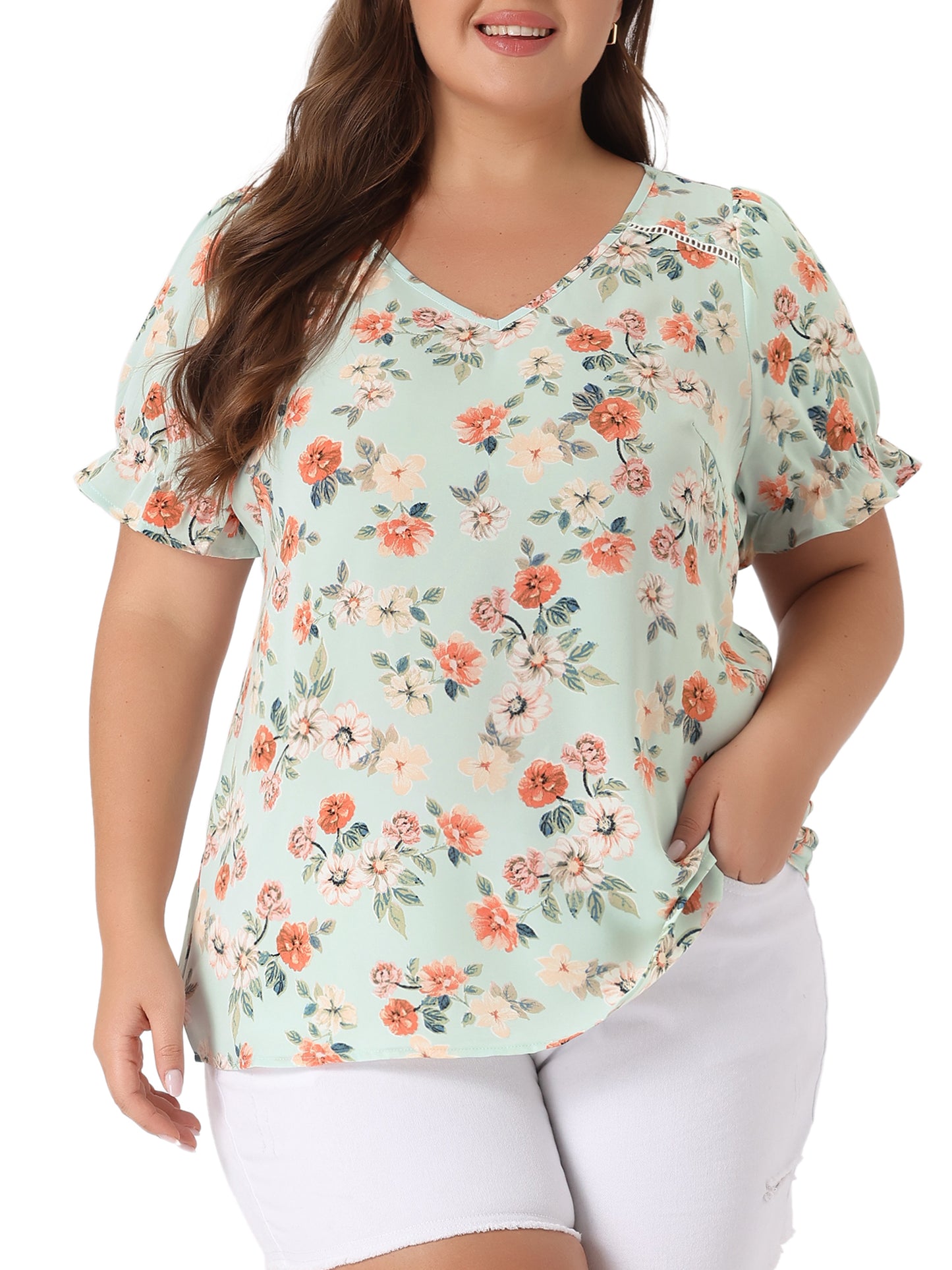 Blusa floral de manga corta con volantes y cuello en V para mujer, talla grande