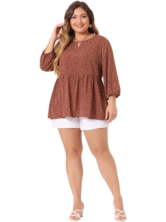 Women's Plus Size 3/4 Sleeves Babydoll Chiffon Keyhole Floral Flowy Blouse