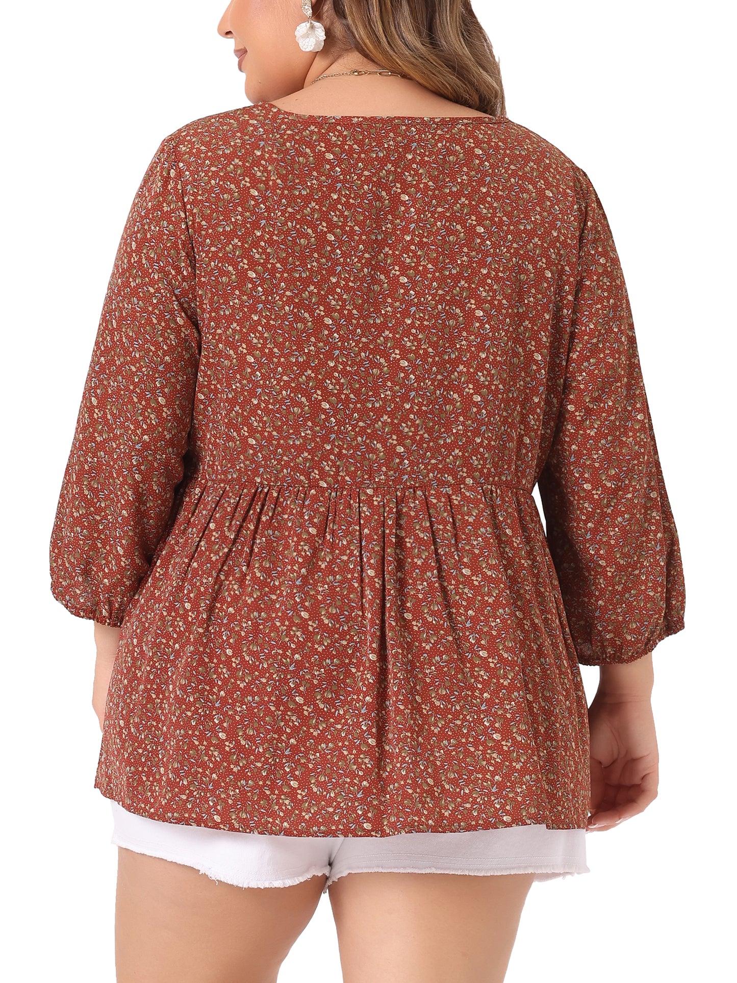 Women's Plus Size 3/4 Sleeves Babydoll Chiffon Keyhole Floral Flowy Blouse