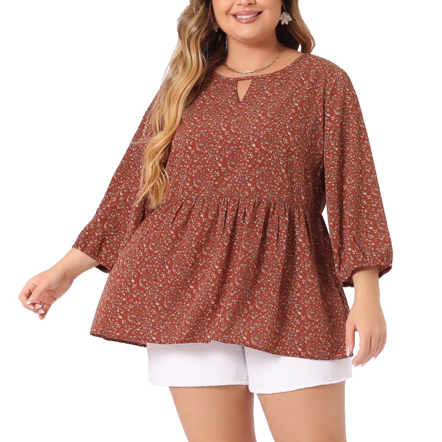 Women's Plus Size 3/4 Sleeves Babydoll Chiffon Keyhole Floral Flowy Blouse