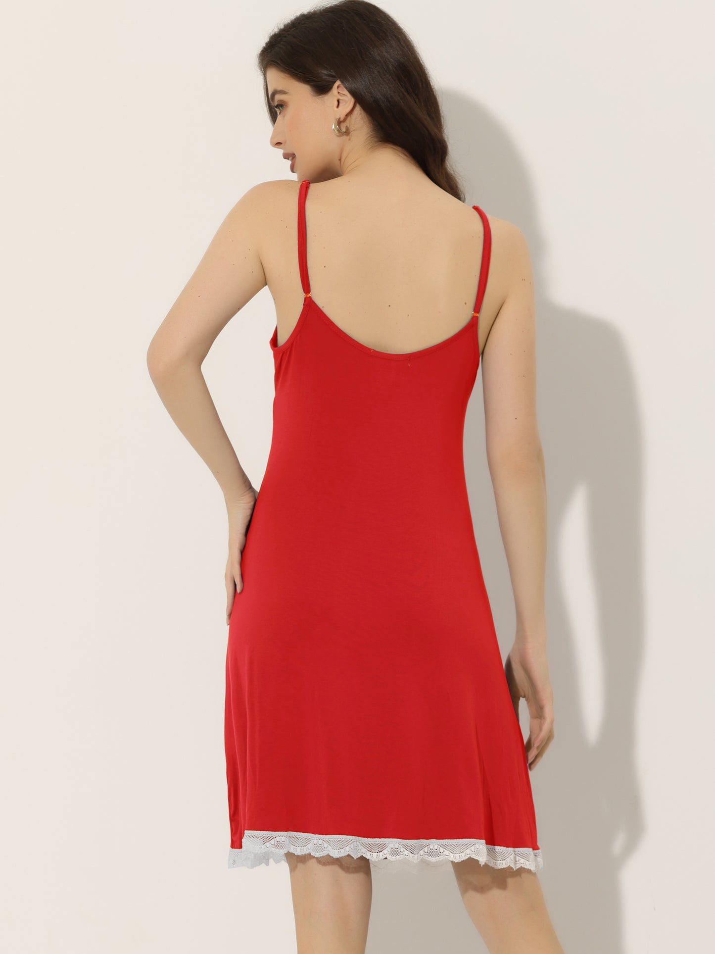 cheibear Pajama V Neck Lace Nightdress Stretchy Lounge Dress Dark Red