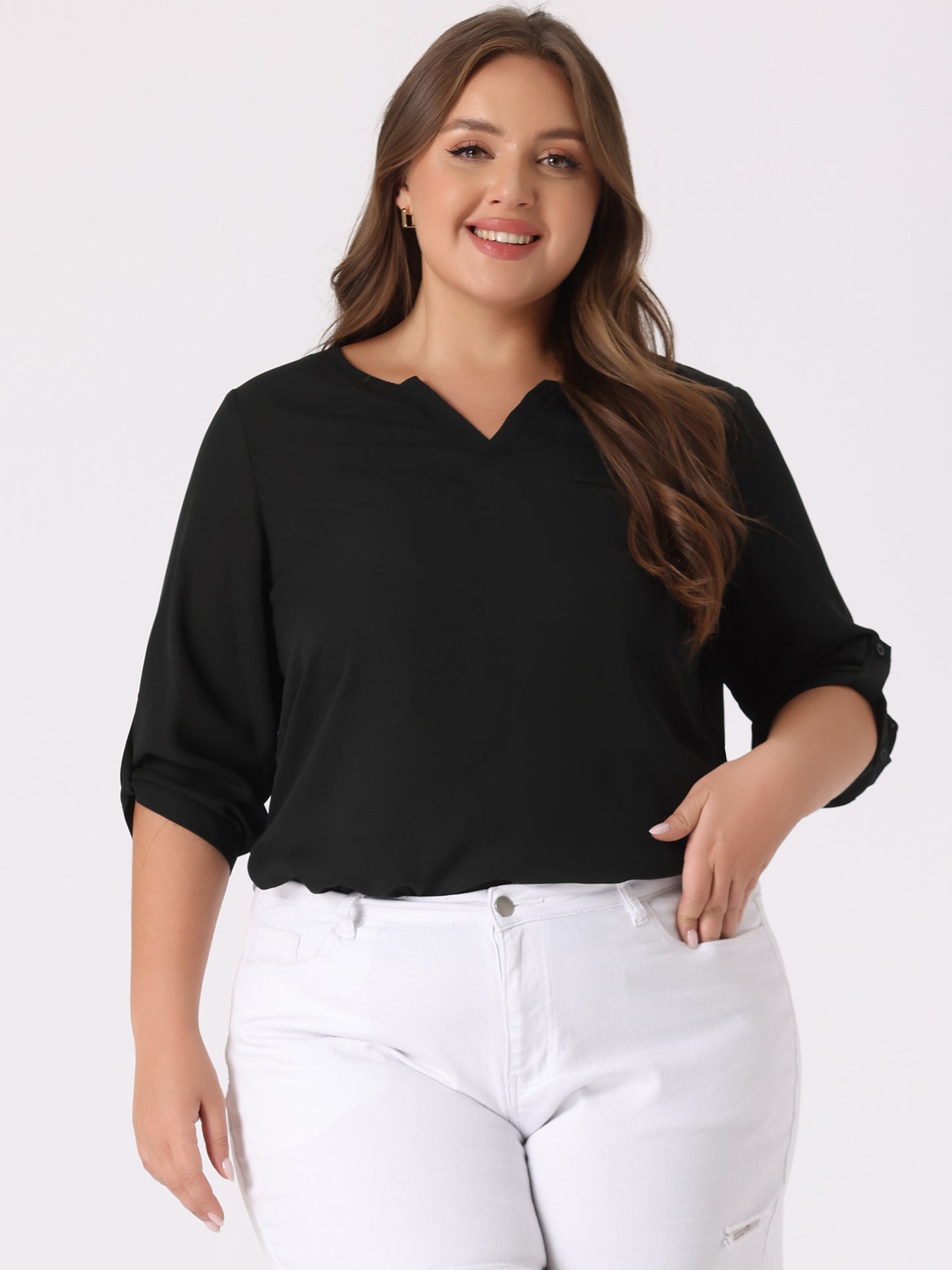 Women Plus Size 3/4 Sleeve Sheer Flowy Summer Split V Neck Blouse