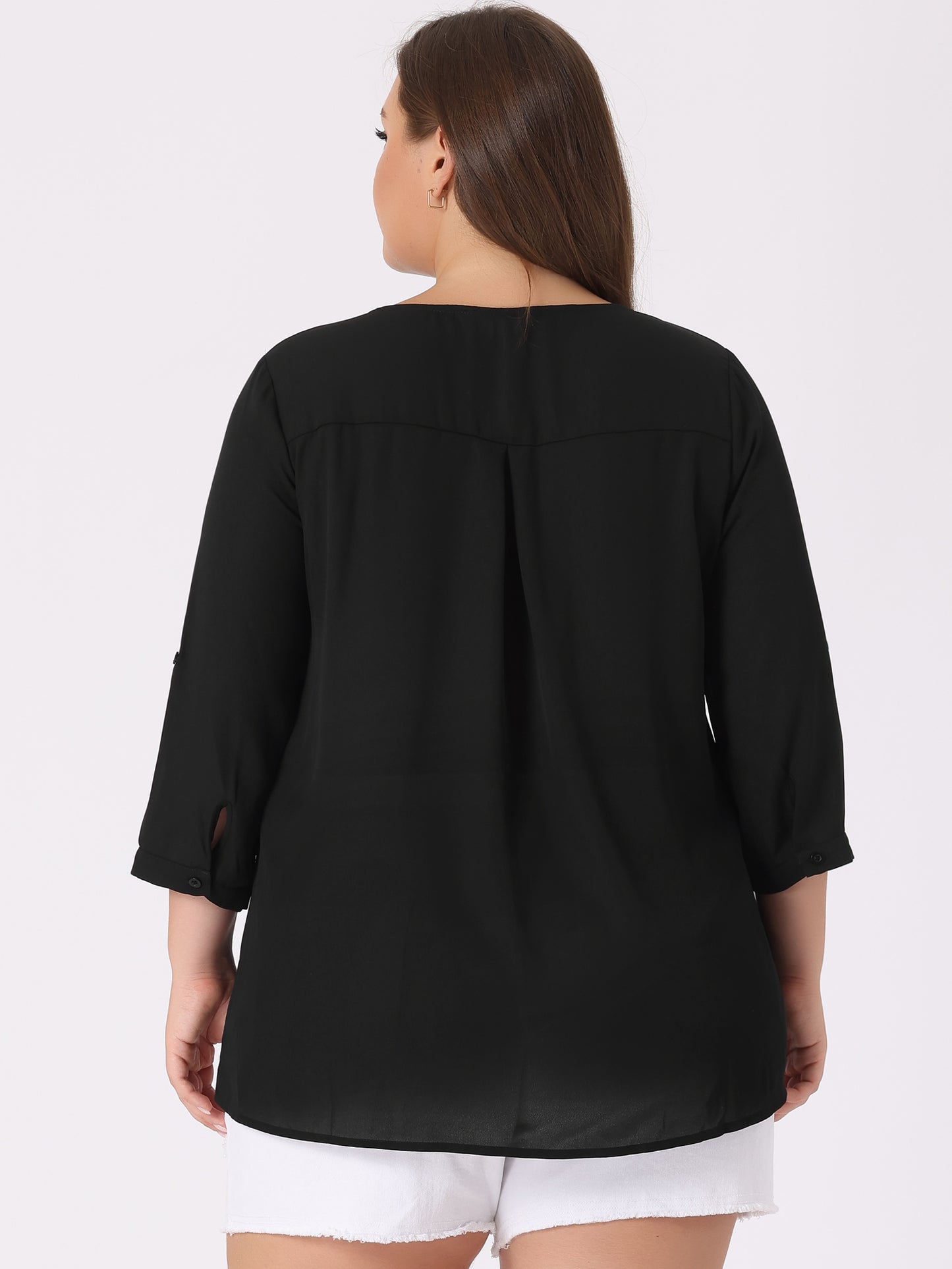 Women Plus Size 3/4 Sleeve Sheer Flowy Summer Split V Neck Blouse