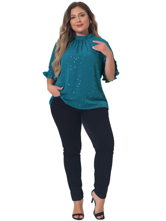 Women Plus Size Blouse Work Office Pleated Mock Neck Star Print Puff Sleeve Top