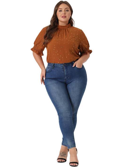 Women Plus Size Blouse Work Office Pleated Mock Neck Star Print Puff Sleeve Top
