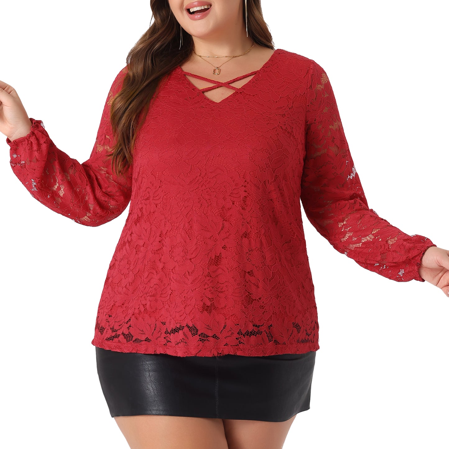 Women Plus Size Lace Blouse Sheer Long Sleeve Elastic Cuff Layer Cross V Neck Top