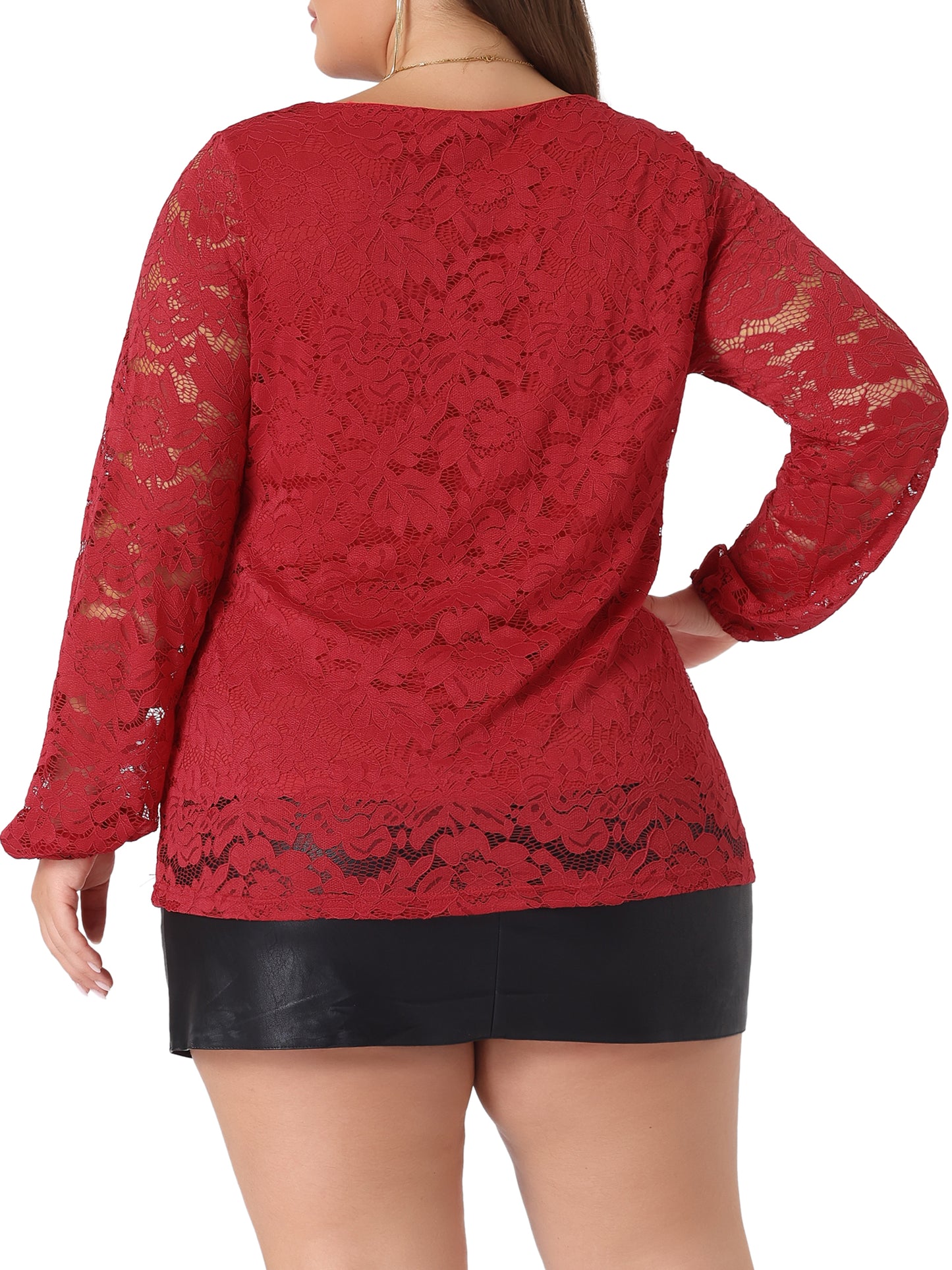 Women Plus Size Lace Blouse Sheer Long Sleeve Elastic Cuff Layer Cross V Neck Top