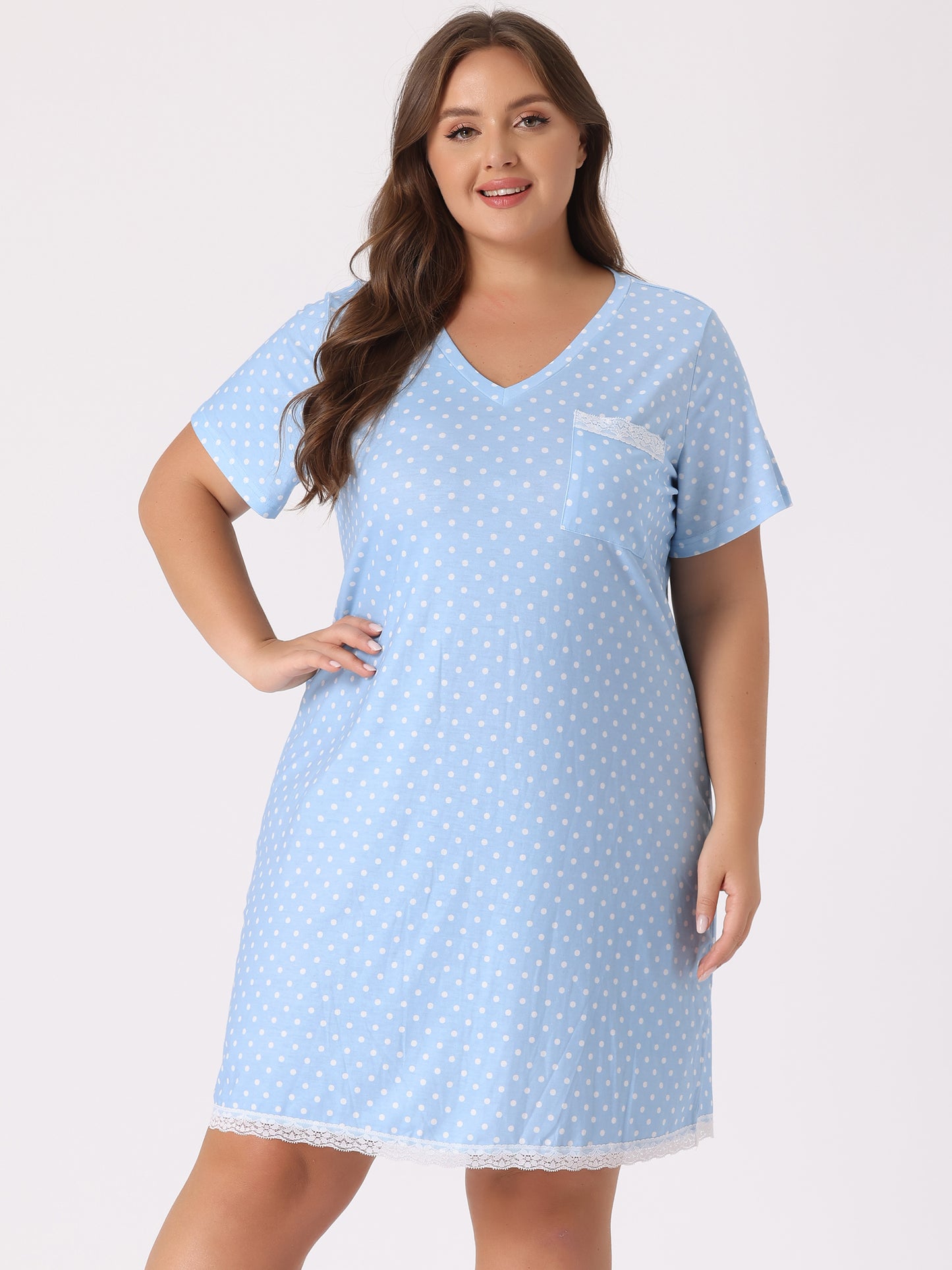 Camisón de talla grande para mujer, ropa de dormir, camisón de manga corta con ribete de encaje, vestido de pijama