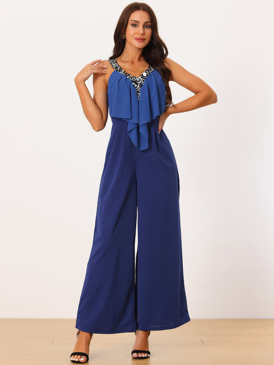 Women's Sleeveless Jumpsuits Summer Stretchy V Neck Wide Leg Long Pants Ruffle Romper Jumpsuit