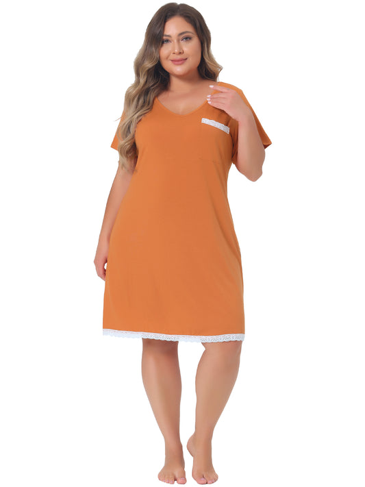 Women Plus Size Nightgown Sleepwear Sleepshirt Short Sleeve Lace Trim Pajama Nightshirt
