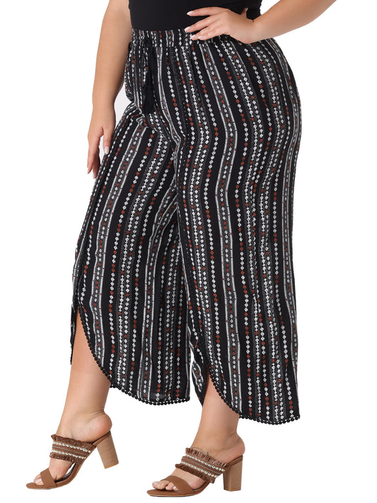 Women Plus Size Split Elastic Waist Flowy Striped Wide Leg Pants