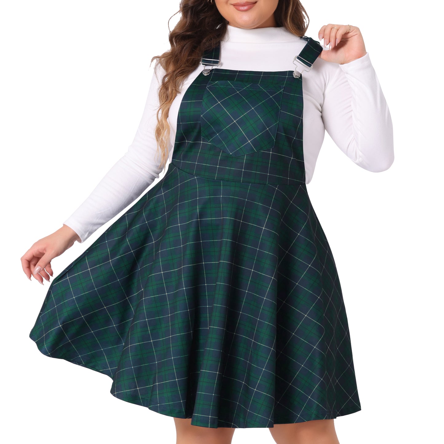 Women's Plus Size Casual Plaid Printed Overall Pinafore Dress Swing Adjustable Straps Dress