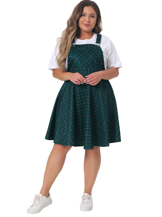 Women's Plus Size Casual Plaid Printed Overall Pinafore Dress Swing Adjustable Straps Dress