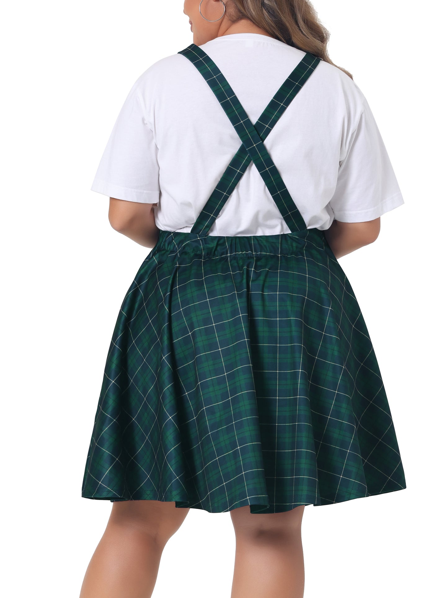 Women's Plus Size Casual Plaid Printed Overall Pinafore Dress Swing Adjustable Straps Dress