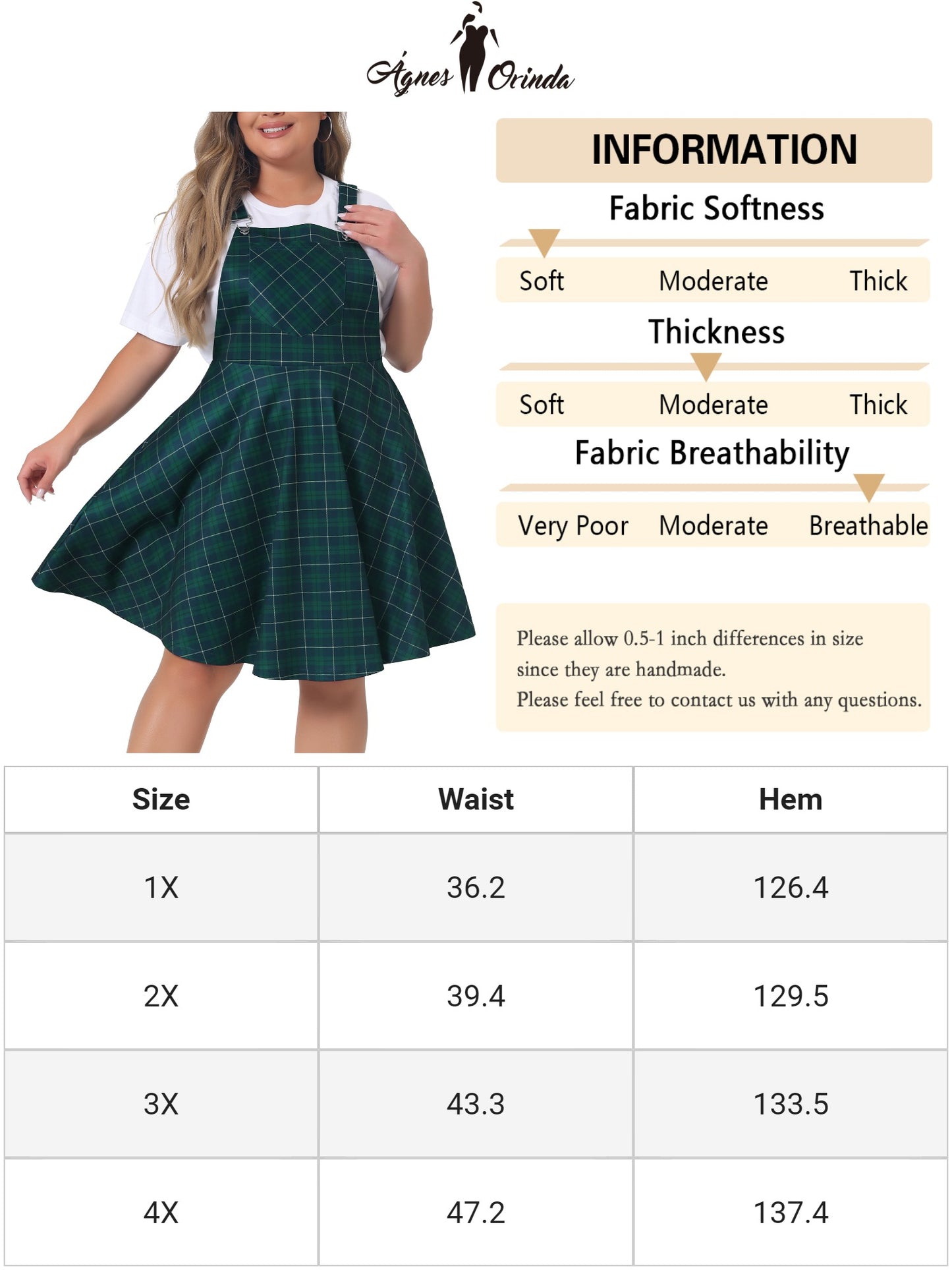 Women's Plus Size Casual Plaid Printed Overall Pinafore Dress Swing Adjustable Straps Dress