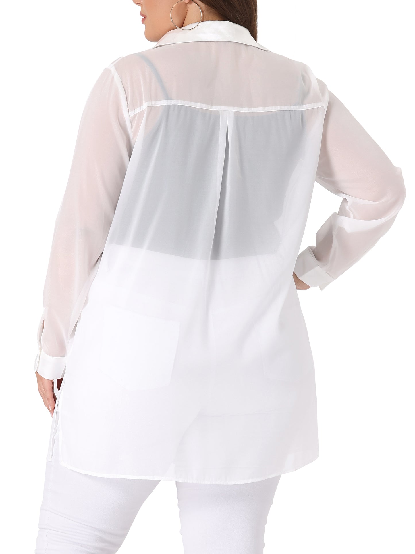 Women's Plus Size Long Sleeves Button Down Solid Sheer Top Shirt