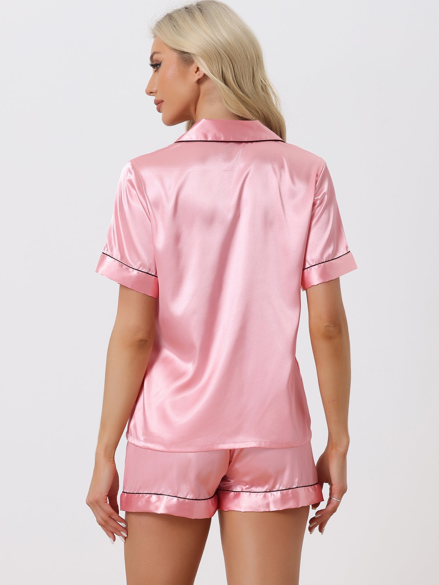 Women's Satin Pajamas Sleepshirt Button Down Top with Shorts Silky Lounge Set
