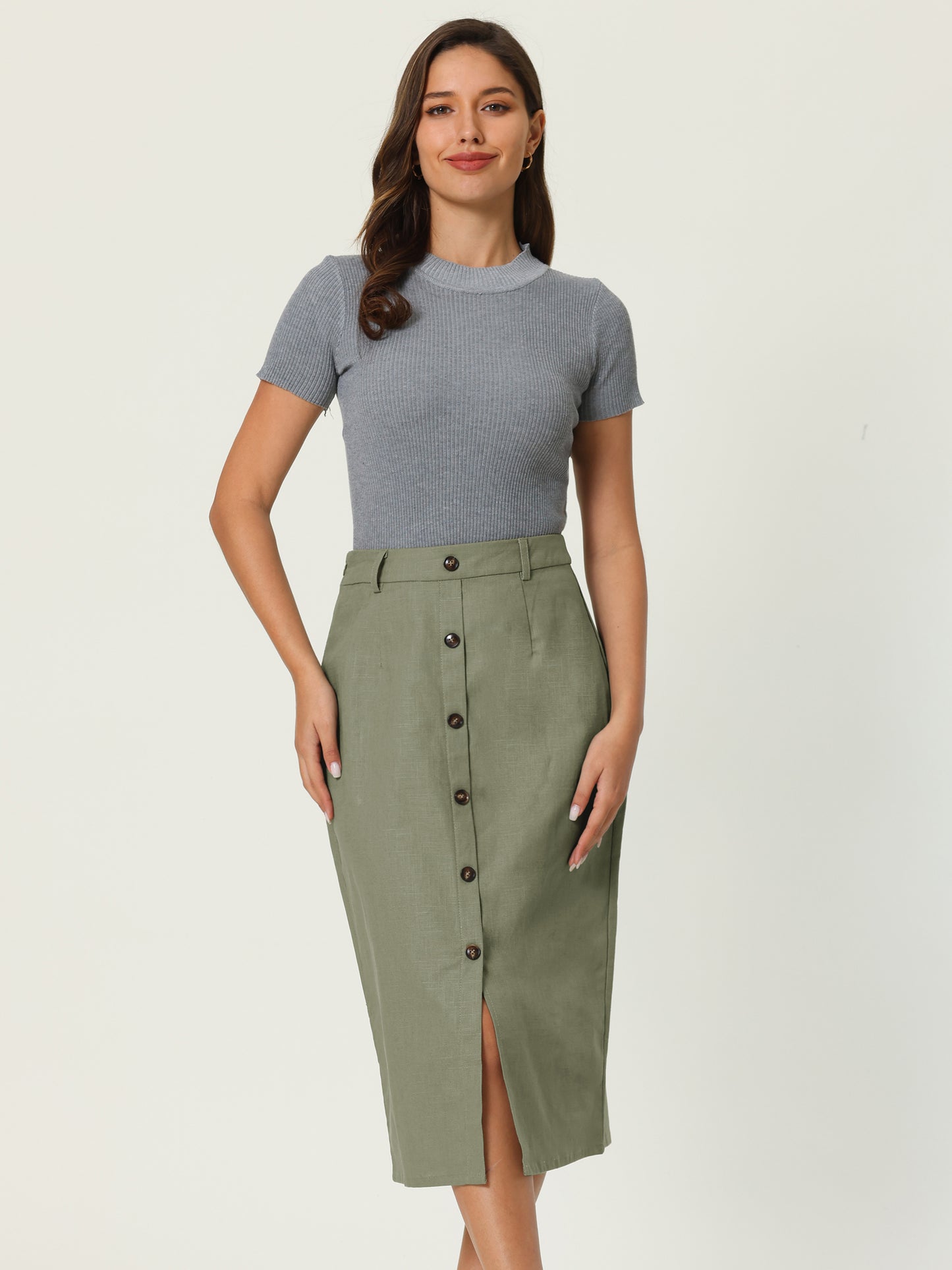 Women's Linen Skirts Slit Button Front Midi Pencil Skirt
