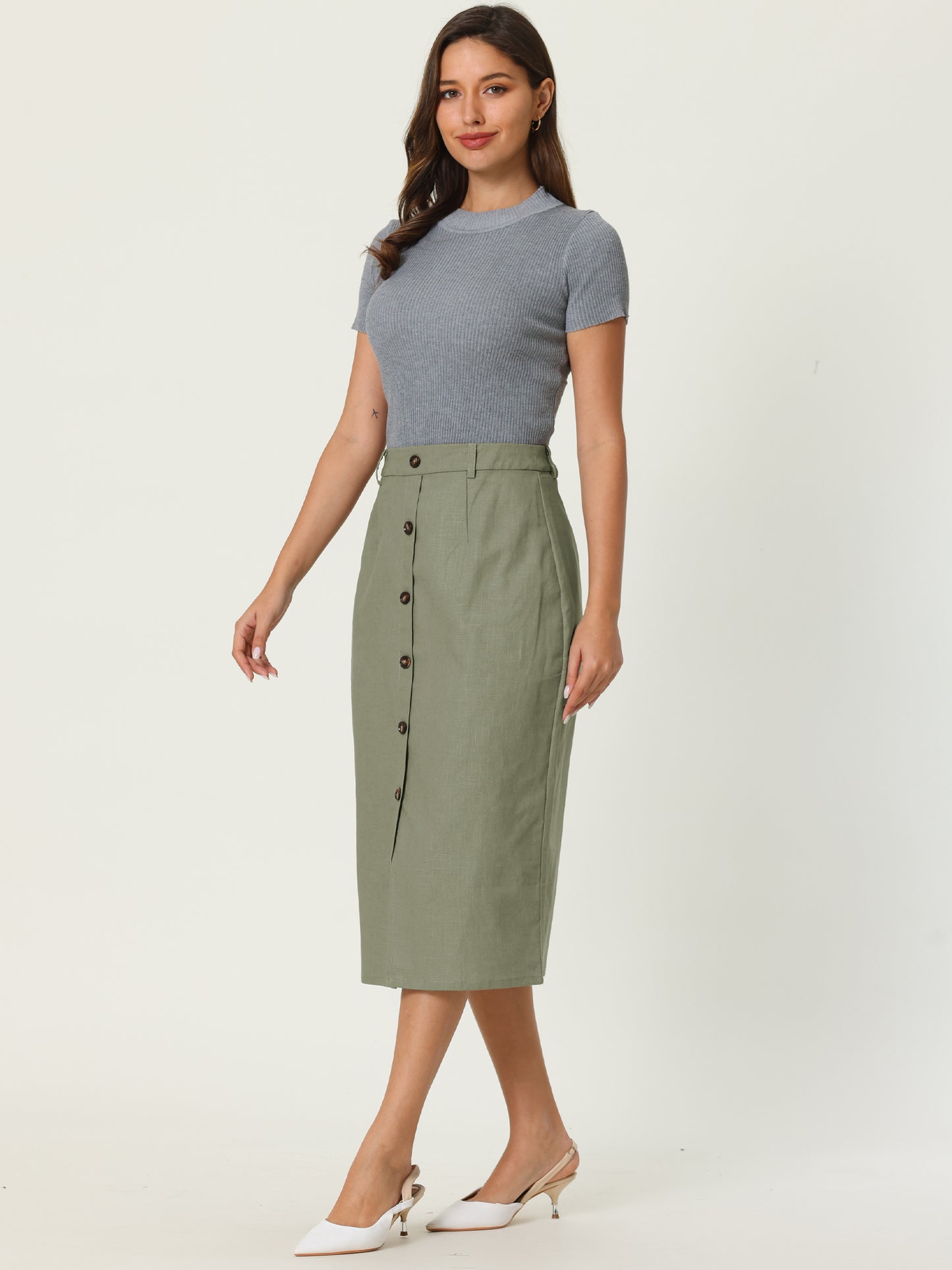 Women's Linen Skirts Slit Button Front Midi Pencil Skirt