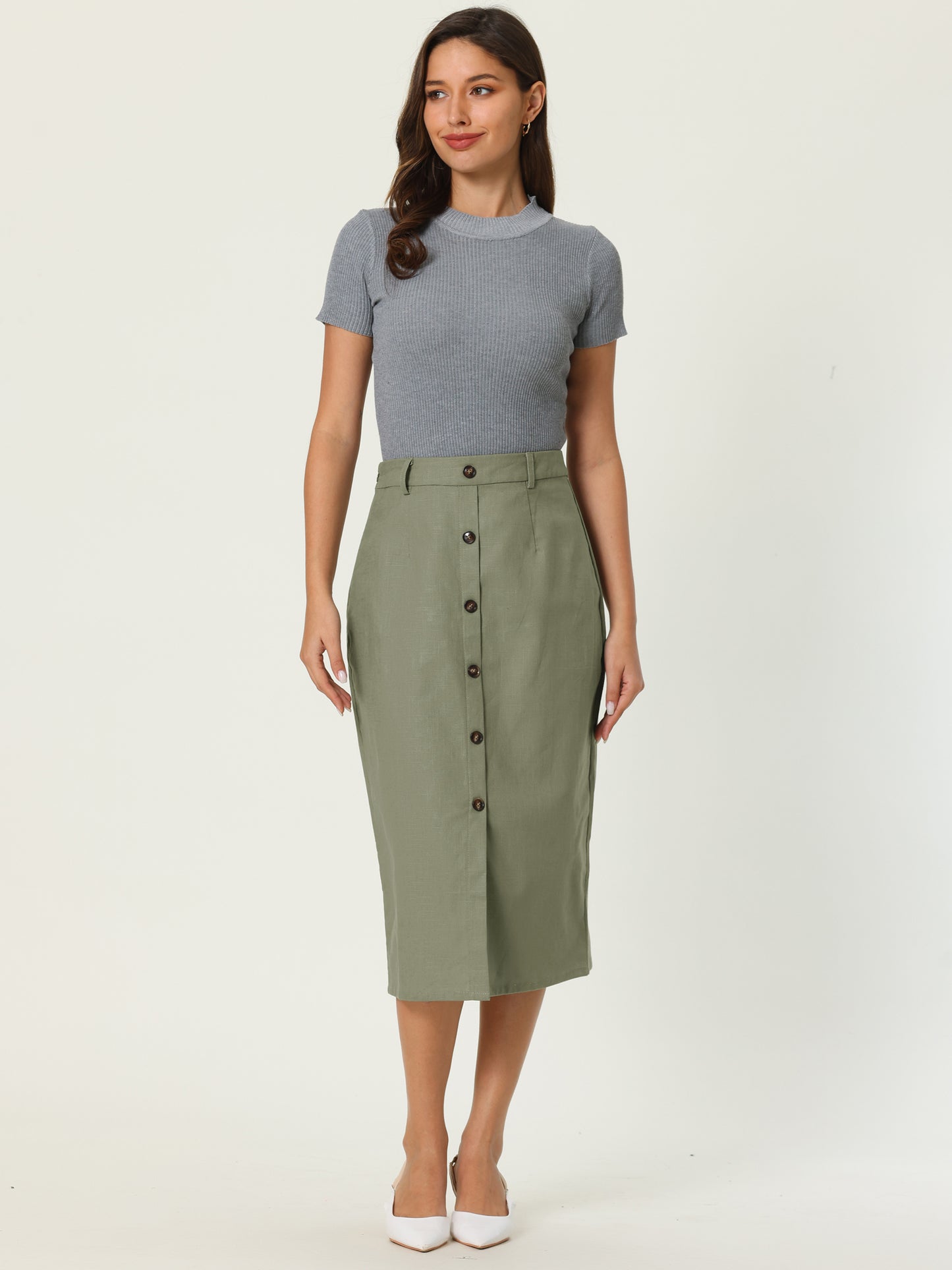Women's Linen Skirts Slit Button Front Midi Pencil Skirt