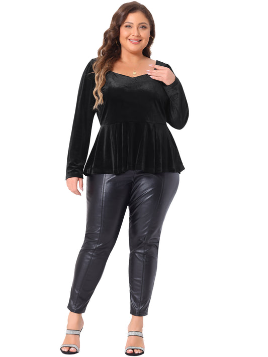 Women Plus Size Velvet Top Long Sleeve Sweetheart V Neck Peplum Blouse