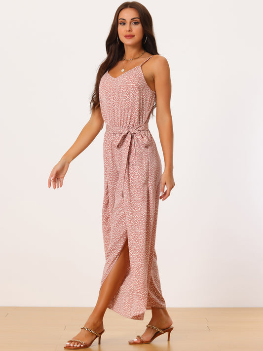 Women's Summer Jumpsuits Spaghetti Straps Sleeveless V Neck Tie Waist Split Wide Leg Casual Rompers