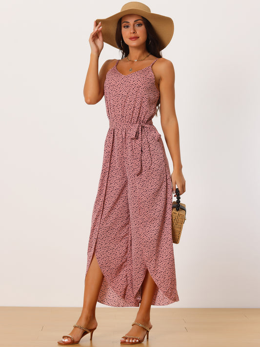 Women's Summer Jumpsuits Spaghetti Straps Sleeveless V Neck Tie Waist Split Wide Leg Casual Rompers