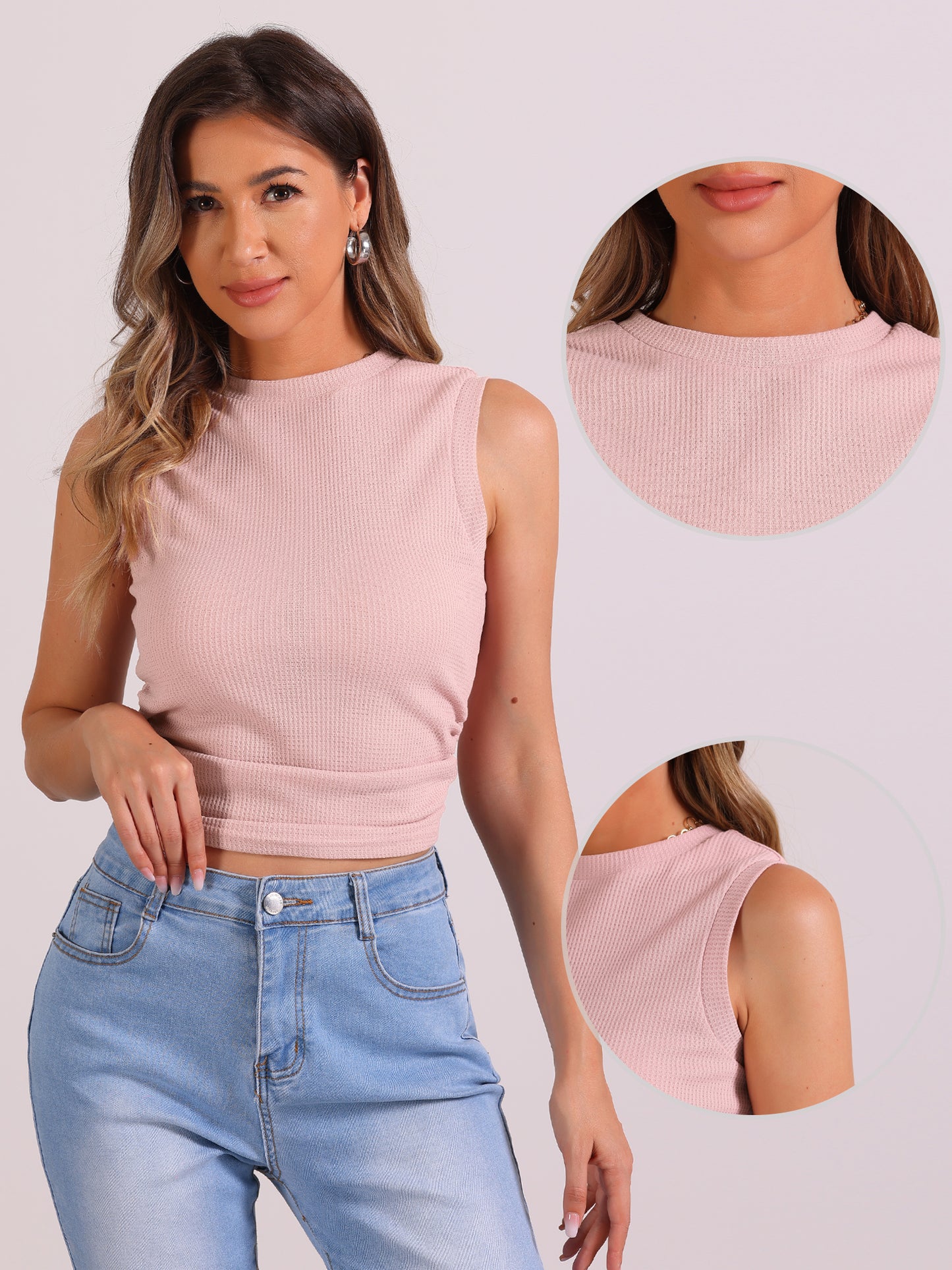 Top de tirantes ajustado de punto gofre para mujer, sin mangas, con cuello redondo y fruncido lateral