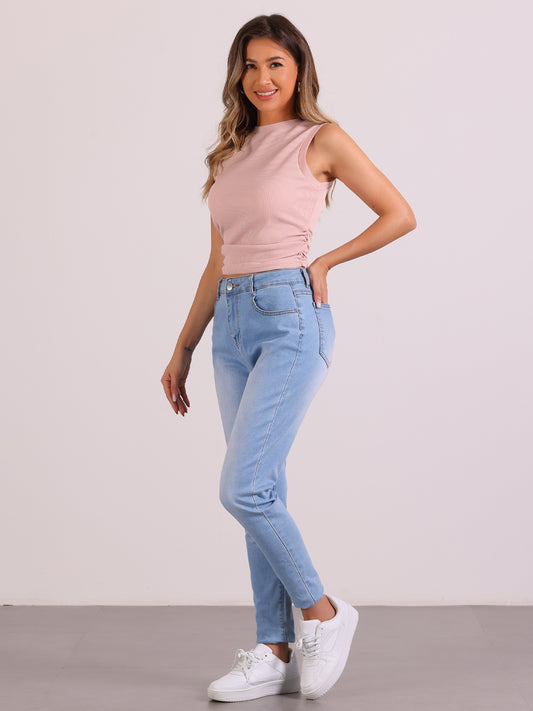 Top de tirantes ajustado de punto gofre para mujer, sin mangas, con cuello redondo y fruncido lateral