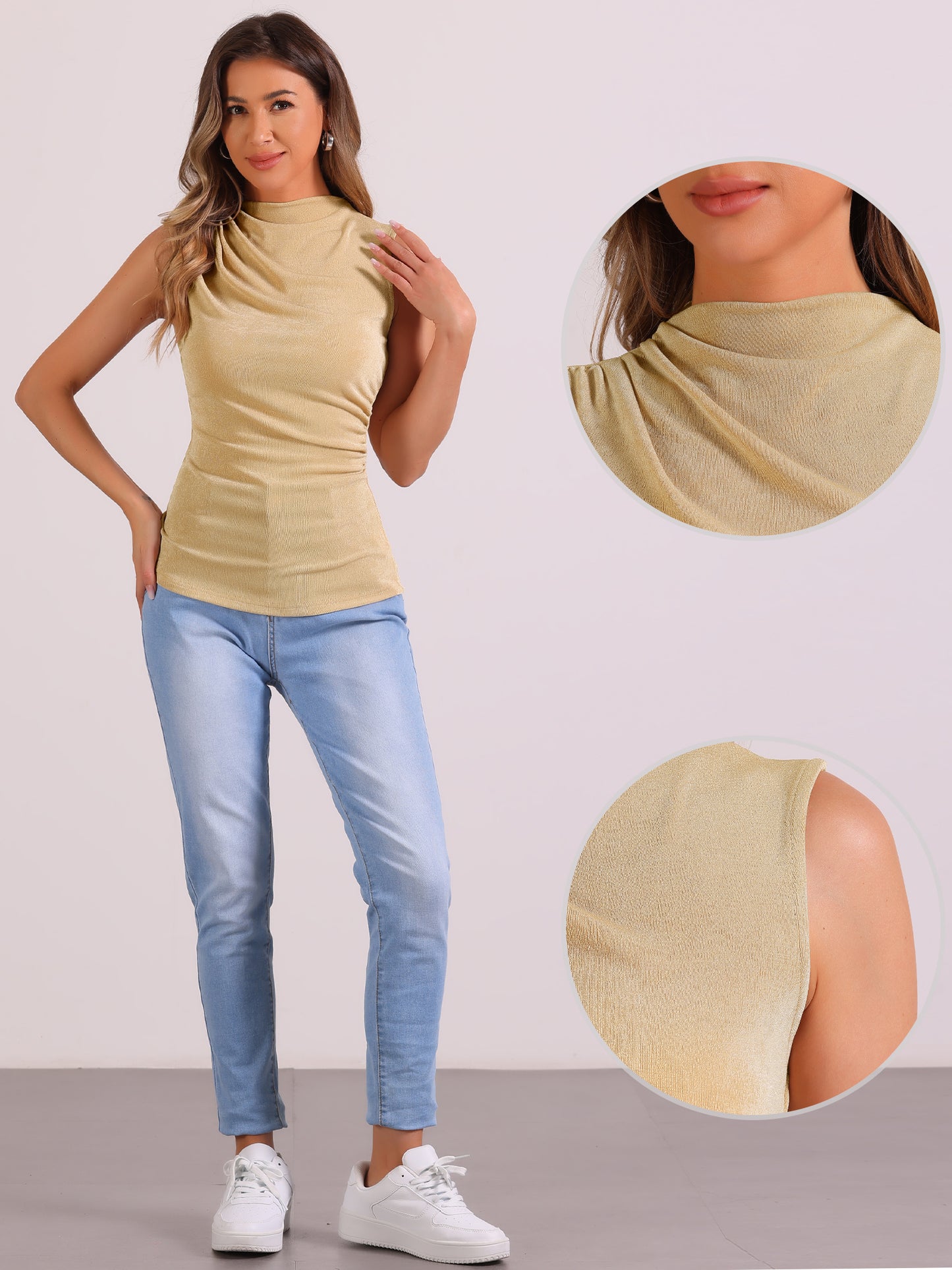 Women's Turtle Mock Neck Casual Slim Fit Sleeveless Ruched Tank Top