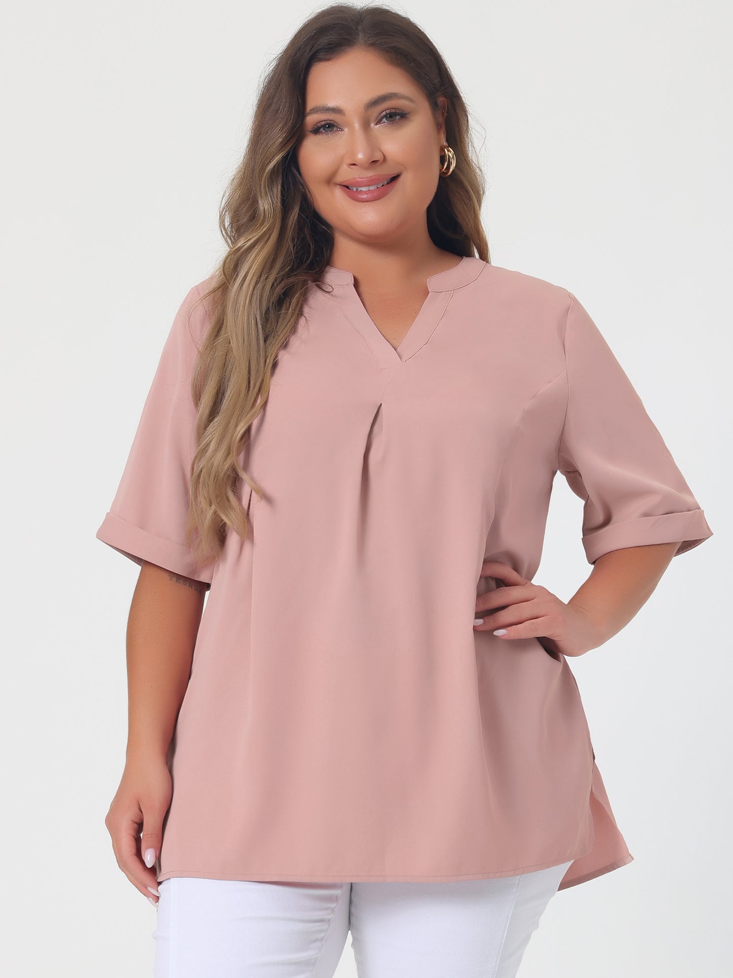 Women's Plus Size Blouse V Neck Casual Solid Blouses 1/2 Sleeve Tunic Top